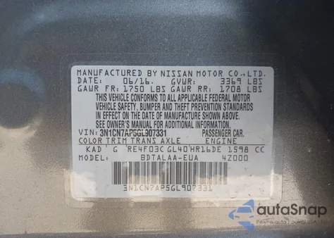 2016 Nissan Versa 1.6 S z USA, uszkodzony, nr VIN 3N1CN7AP5GL907331